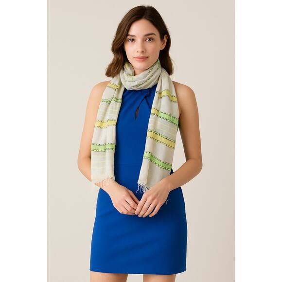 Lemlem Artisan Fringe Scarf NWOT Neon Green Yellow Silver Stripes One Size - Picture 1 of 9